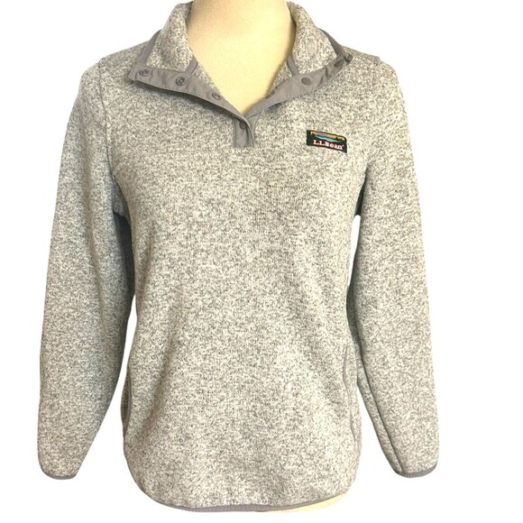 LL Bean Women’s Fleece Pullover SP Gray Heather Snap Front Sweater Knit Jacket - Picture 6 of 8